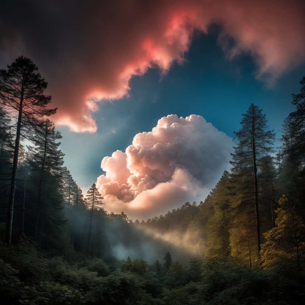 a single big cloud is hovering over a dark forest and shines with subtle red colors, the air is full of mist so that the light shines very hazy, vibrant blue colours, highly detailed, sharp focus, dramatic lighting, depth of field, incredibly high detailed, photorealistic, in analogue image style, light refractions