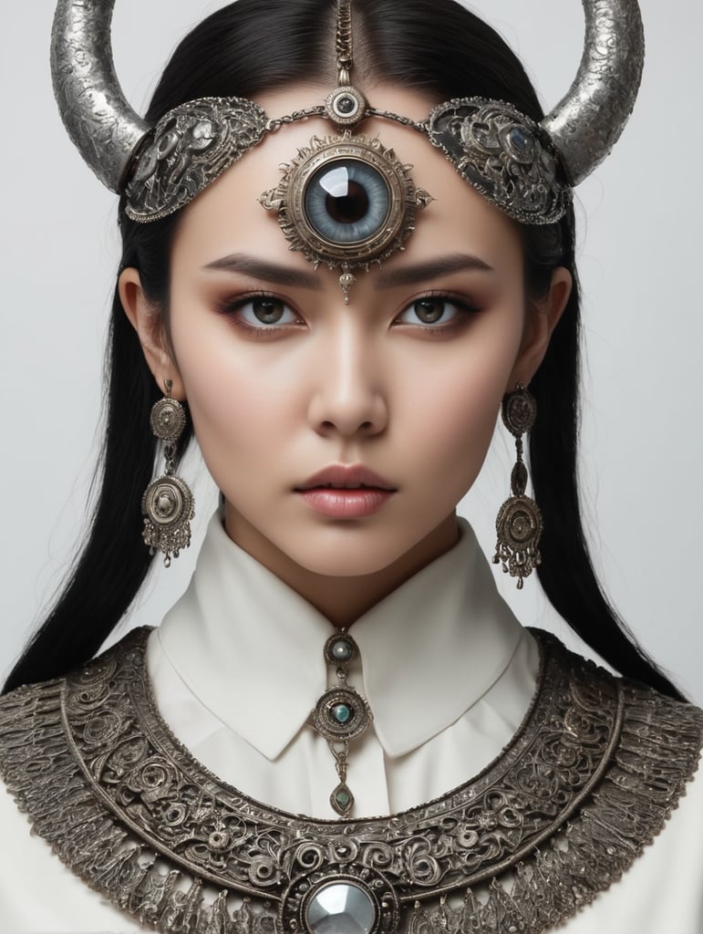 The image features a person with a large eye on their face, giving them an unusual appearance. The eye is positioned in the center of their forehead and appears to be made of metal. The person has a necklace around their neck, adding to their unique look. The background of the image consists of a white wall, which contrasts well with the darker tones of the person's face.