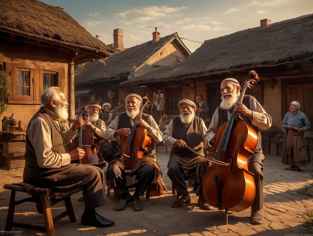 A Nostalgic Evening in the Shtetl, Late afternoon transitioning into early evening, Shtetl in Eastern Europe, Clear sky with a warm, golden sunset, Old Man playing a cello with deep emotion, Traditional Jewish attire including a kippah, Sitting on a wooden chair outside his home, Men dancing with fervor and playing instruments like violin, accordion, clarinet, Simple rustic clothing, Forming a circle around the old man, Children playing and dancing, On the outskirts of the circle, some imitating the adults, Women watching the scene, some clapping or singing, Traditional dresses, Standing near the homes, some peeking out of windows, Wide-angle shot, Sharp focus on the old man, softer focus on surrounding activities, Natural lighting from setting sun, casting long shadows and illuminating faces, High resolution, Joyful yet nostalgic