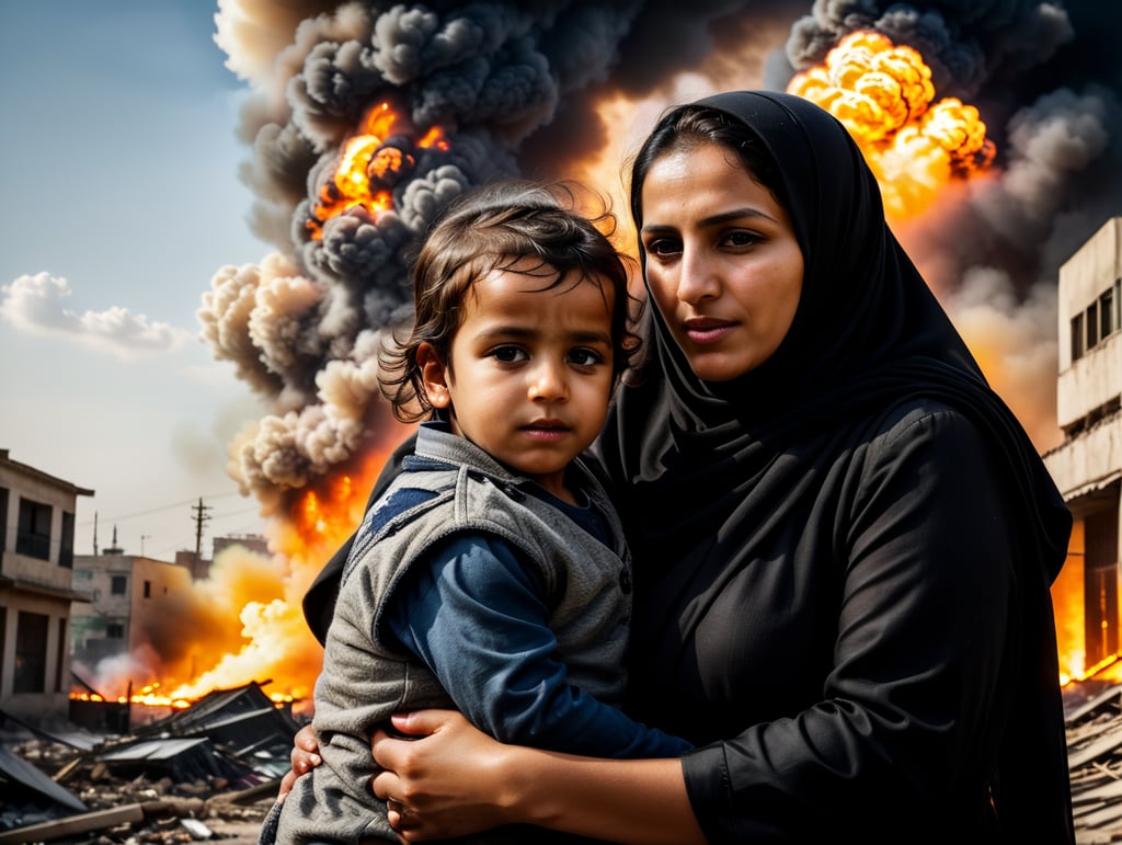 muslim mother holding her child who was hit by a bomb blast. black smoke and fire surrounded them. cities burning. building destroy. explosion around. dark sky. palestinian people runninng escape.