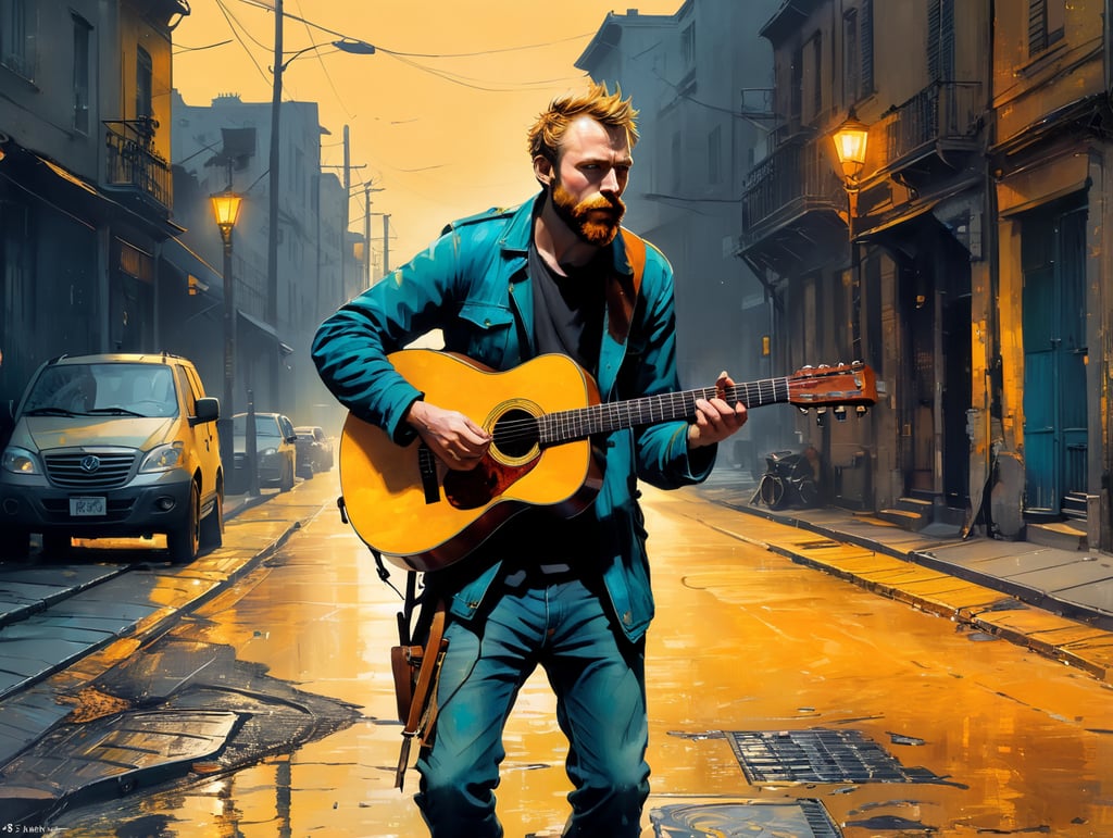 a Van Gogh painting where guy plays the guitar on a dark empty street, yellow darkness