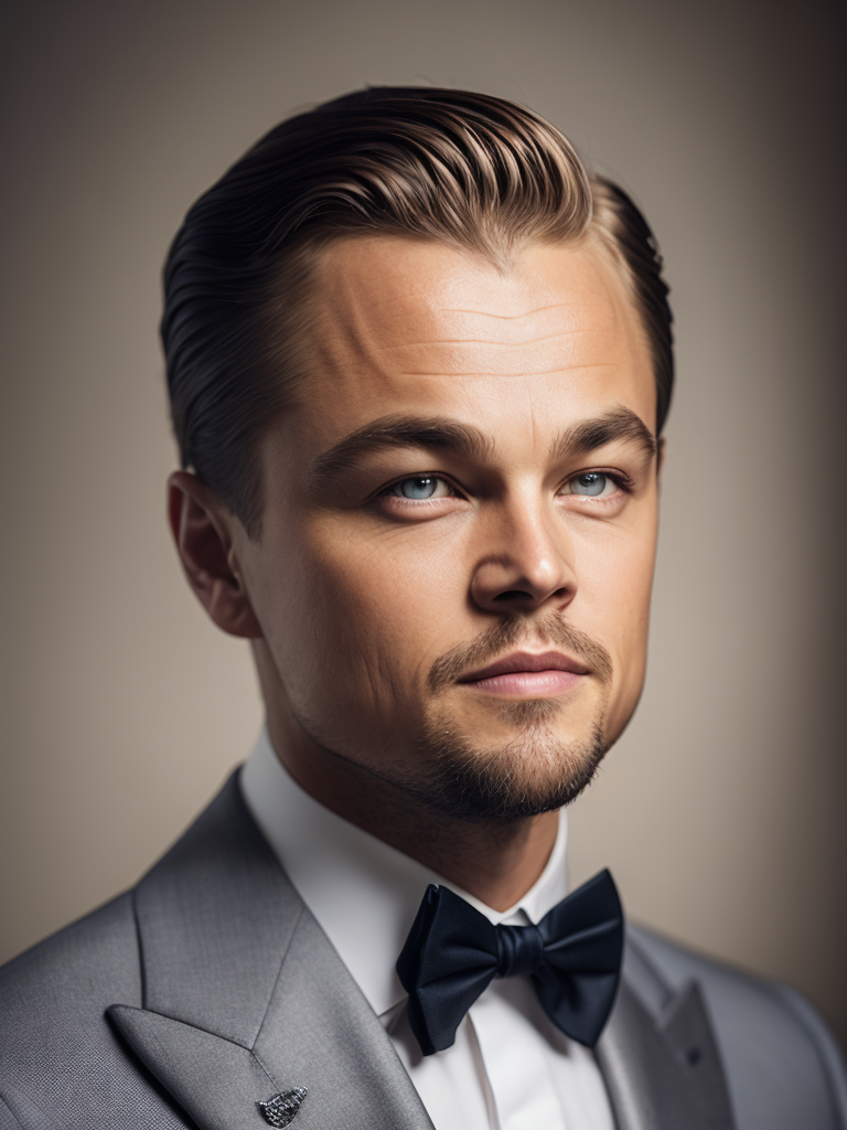 Portrait of Leonardo DiCaprio in a bow tie tuxedo, contrasting light, detailed face, muted tones