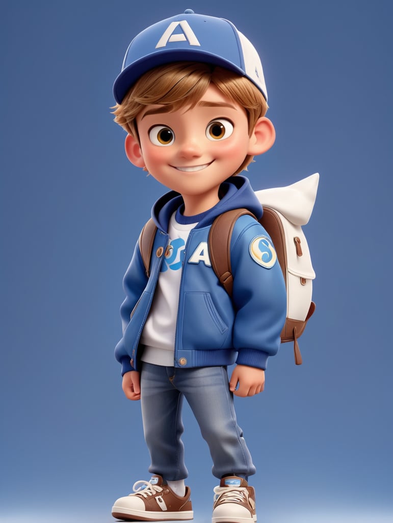 cartoon, Disney Pixar style, Max Moore, a boy with 20 yo, light brown hair, straight, short hair, pure smile, angelic look, wearing jeans, white t-shirt, blue jacket, black cap and brown sneakers