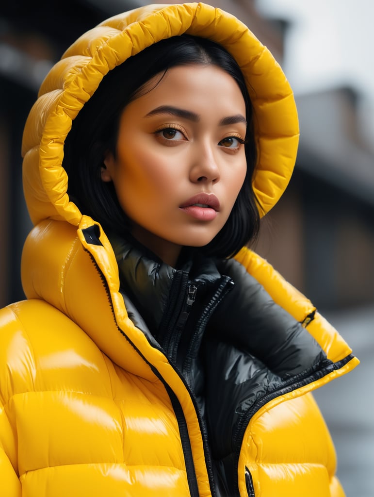 well lit fashion shoot portrait of extremely beautiful female wearing massively over size yellow puffer jacket by craig green, dingyun zhang, yeezy, balenciaga, vetements, sharp focus, clear, detailed, , cinematic, detailed, off white, glamourous, symmetrical, vogue, editorial, fashion, magazine shoot, glossy