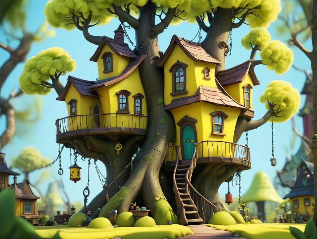 An elaborate, whimsical, bright yellow treehouse in the style of Tim Burton on a bright sunny day. The tree's leaves are an electric lime green color. the tree trunk is a dark brown.