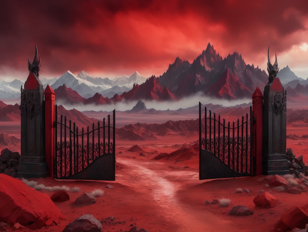 The gates of Hell stand open. Beyond them is a red wasteland, with black jagged mountains rising up to meet a red cloudy sky.