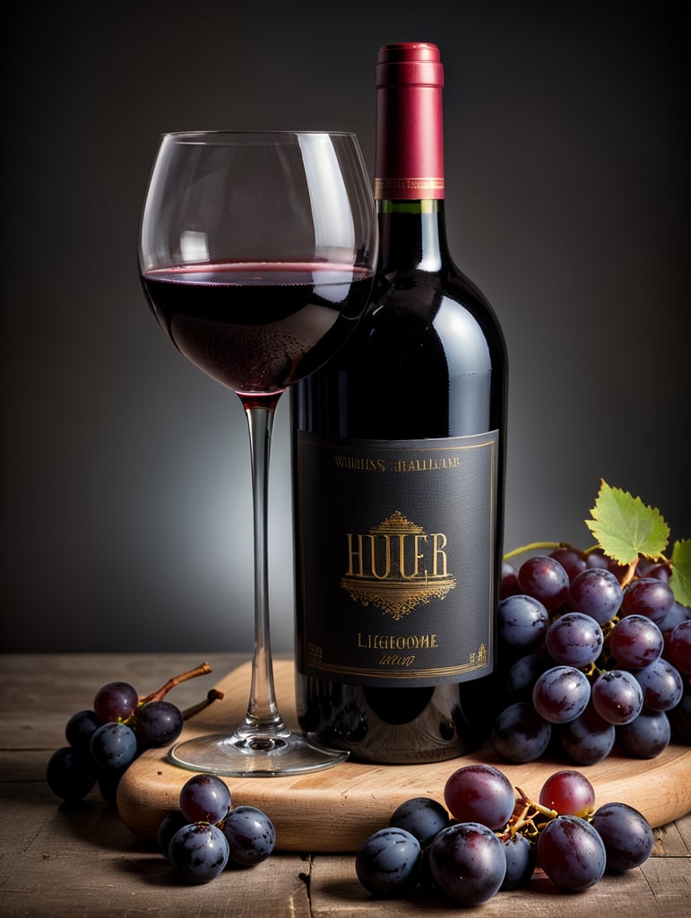 wine bottle with glass of dark red wine, grapes