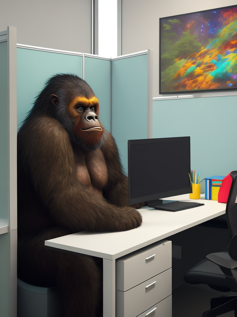 bigfoot in a cubicle working at an office job , hyper-realistic, hyper-sharp, hyper-colorful, hyper-vivid