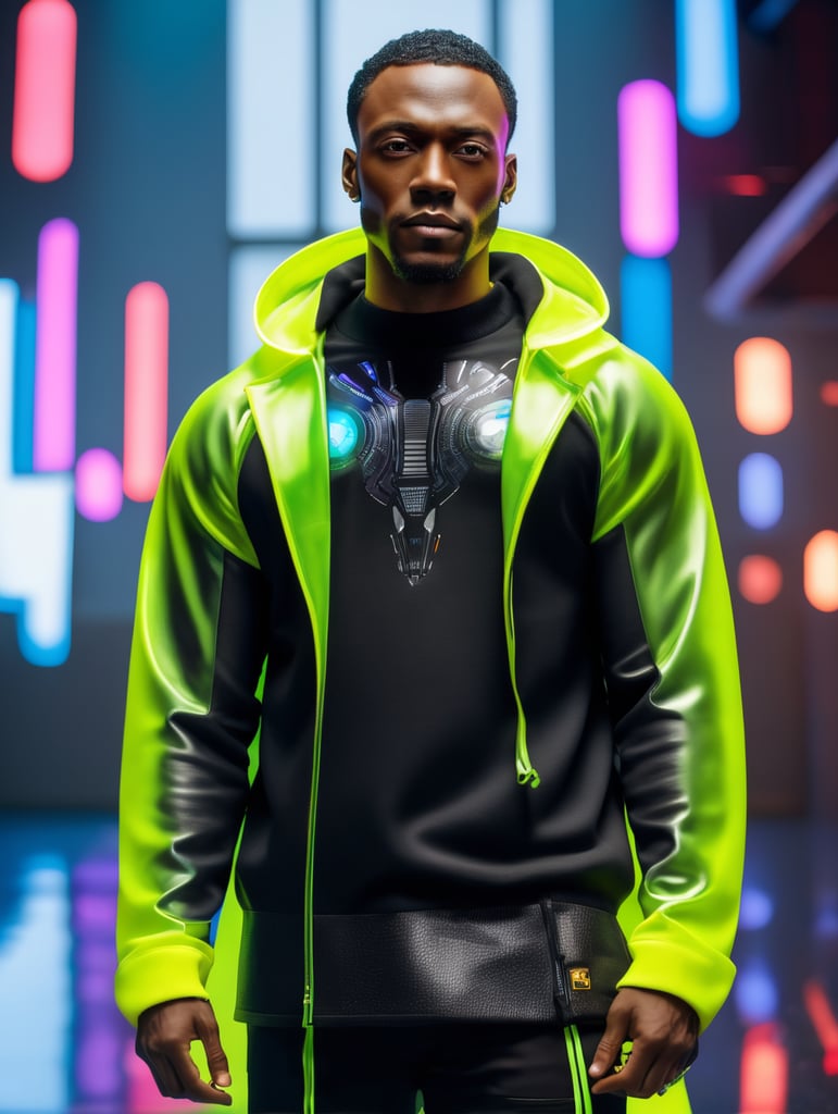 Cyborg black man wearing black crewneck sweater, in a studio for a photo shoot, bright colours, high contrast, contrast lights