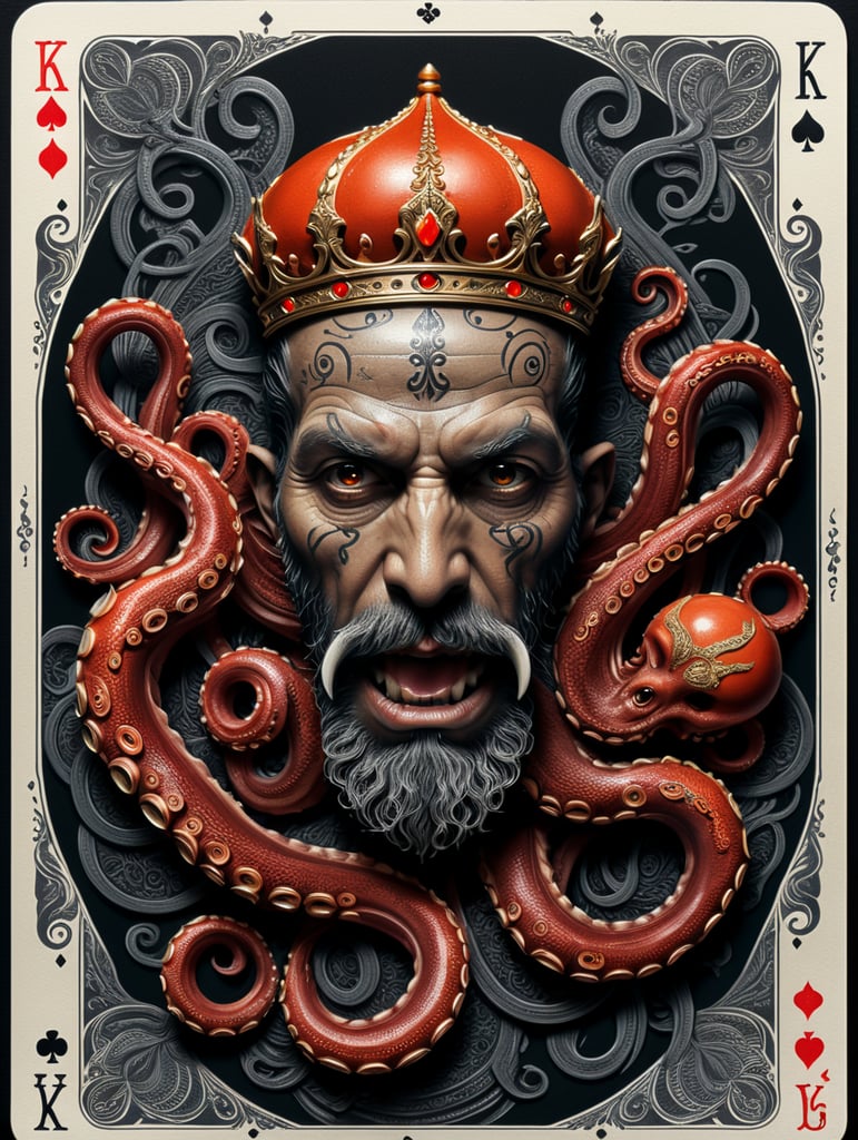 king octopus of clubs playing card, face card, linocut art style, black ink, ultra realism, simple lines, vector