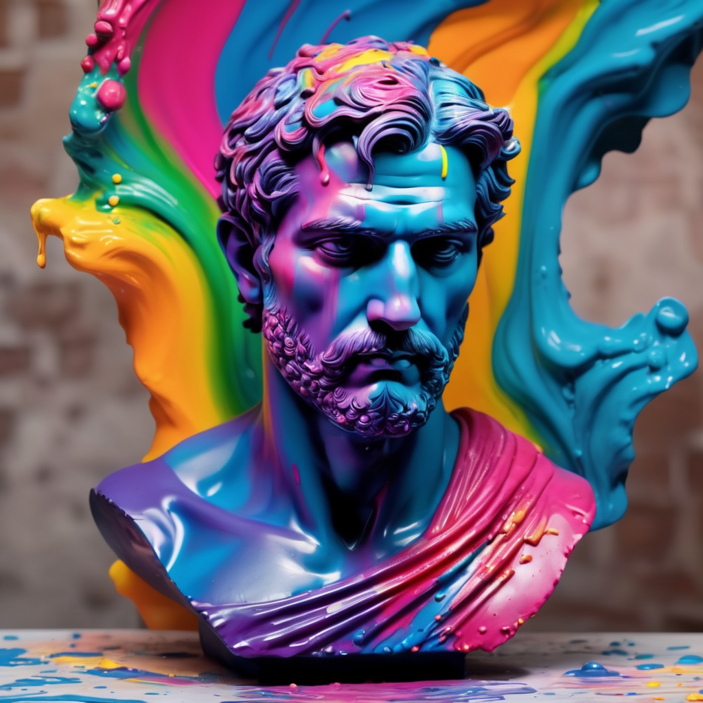 greek male bust with colorful paint, melted, the paint is flowing, aesthetic background