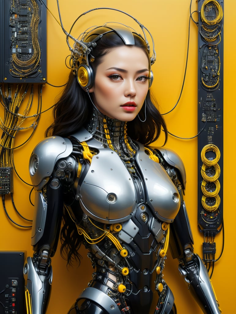 Half body photography, in front of a yellow wall, a futuristic cyborg woman, full of cables and wires and led, an well shaped transparent dark plexiglass latex body plc robots with silver motor head, 80 degree view, art by sergio lopez, natalie shau, james jean and salvador dali