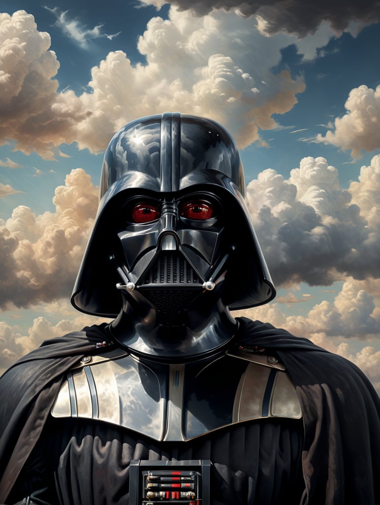 darth vader, vintage, grain, rene magritte painting style, cloud backgrounds, high quality