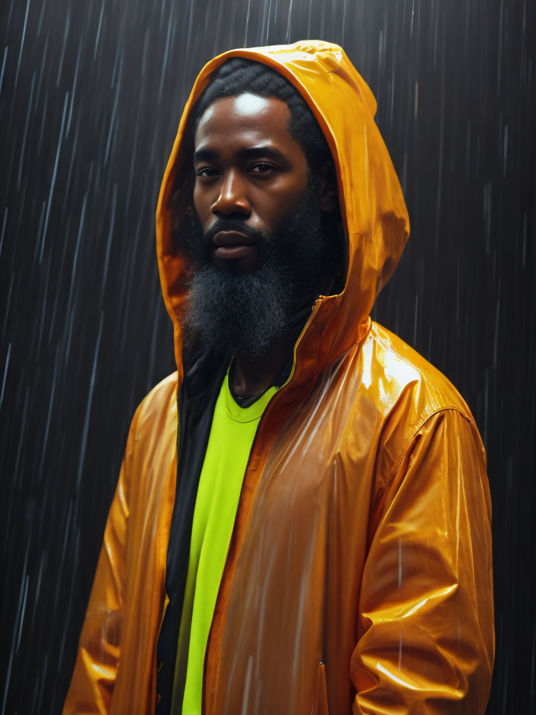 a black man with a long beard wearing ((transparent raincoat)), under the rain, ultra realistic, neon lights