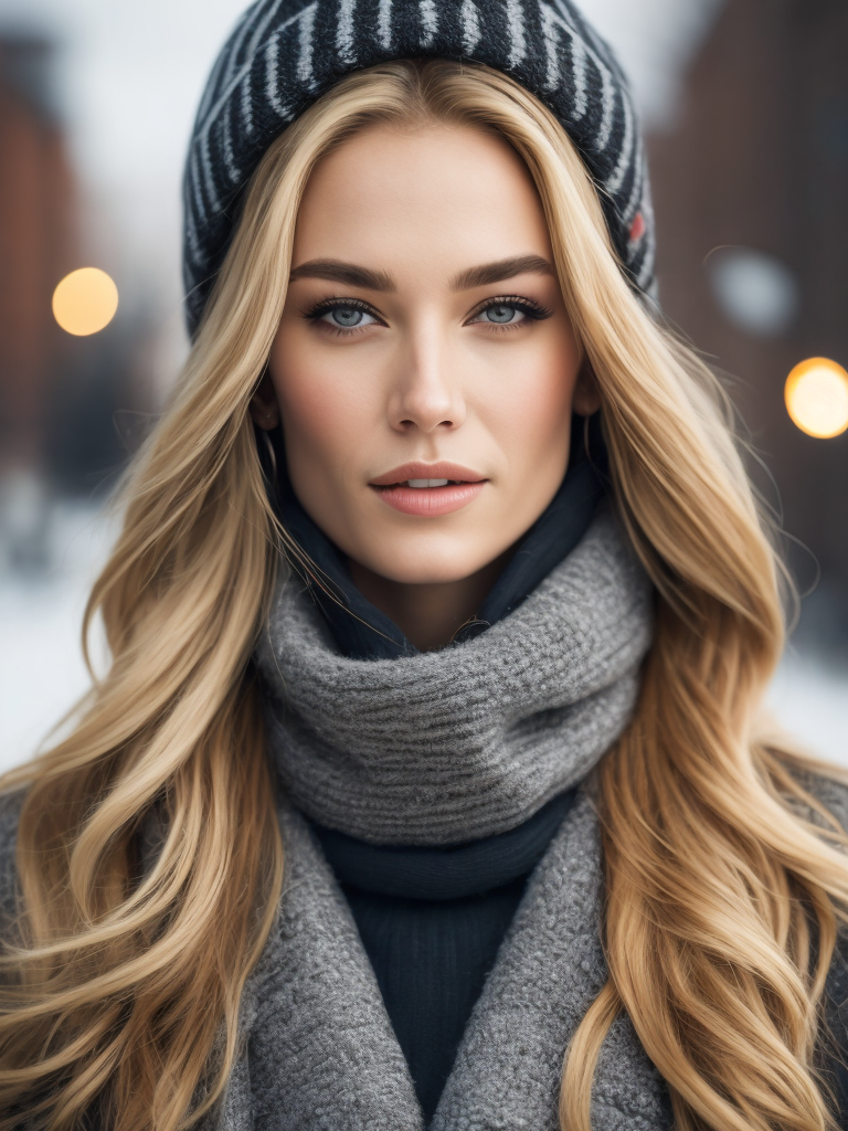 professional portrait photograph of a gorgeous Norwegian girl in winter clothing with long wavy blonde hair, sultry flirty look, freckles, gorgeous symmetrical face, cute natural makeup, wearing elegant warm winter fashion clothing, standing outside in snowy city street
