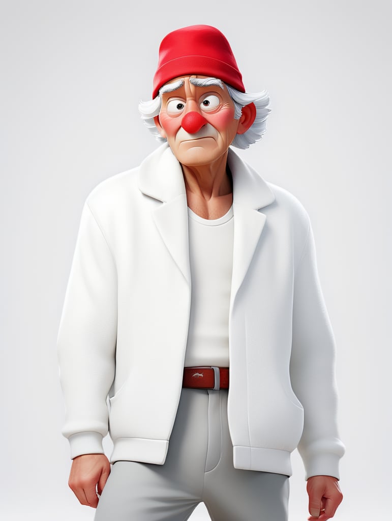 a young women with white hair and red hat on his head is wearing a white lacket, isolated, white background