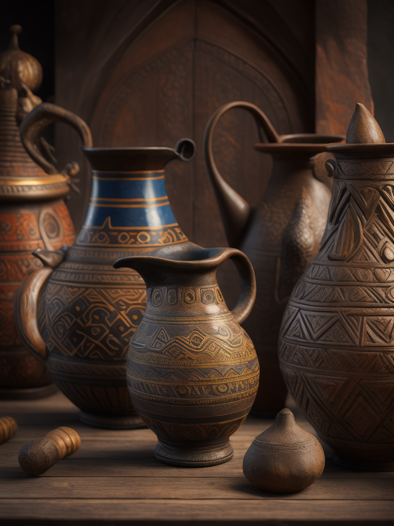 foto de jarra precolombina hecha en la jarra está centrada en la foto y al fondo, desenfocada, hay decoración precolombina