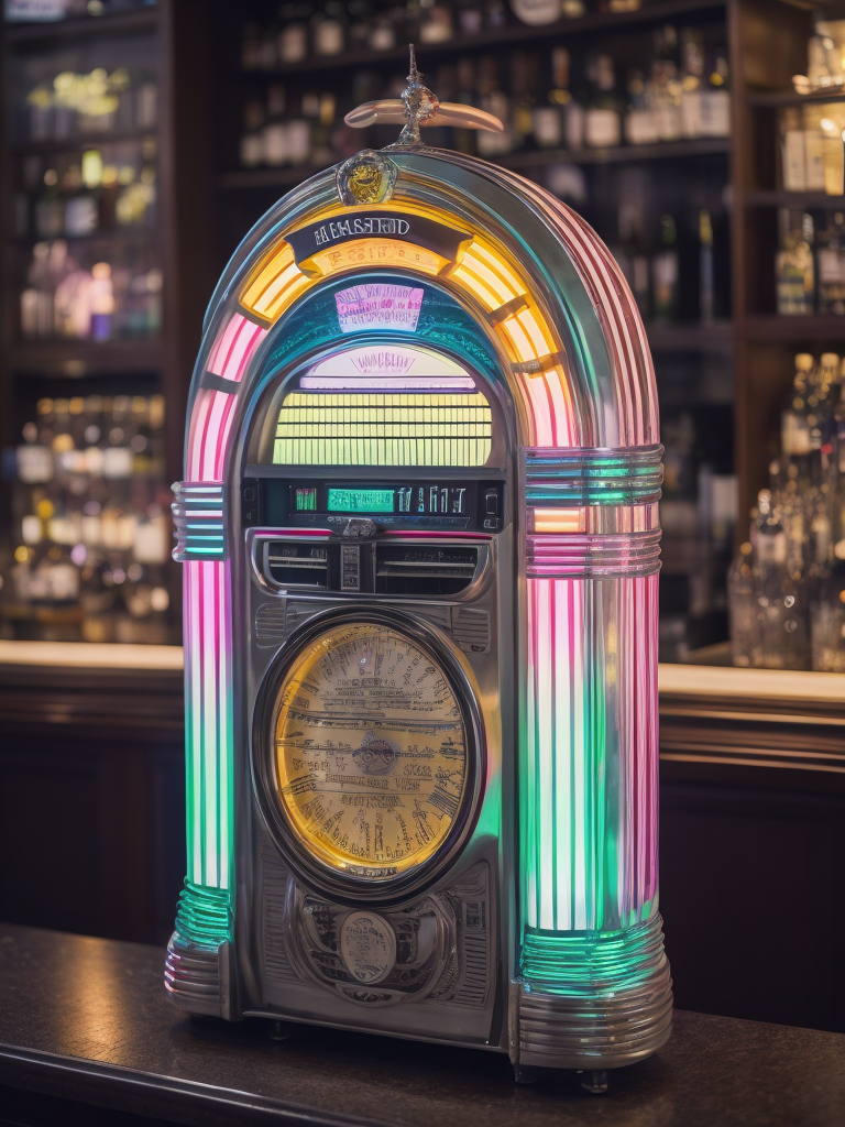 Retro jukebox in a bar, sharp focus, highly detailed,