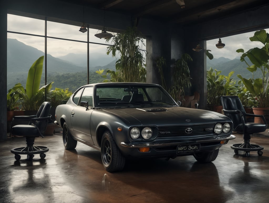 Dining table, in the middle of coffee Colombian crop, the legs of the table are replaced with car wheels, the car on the background is a Toyota