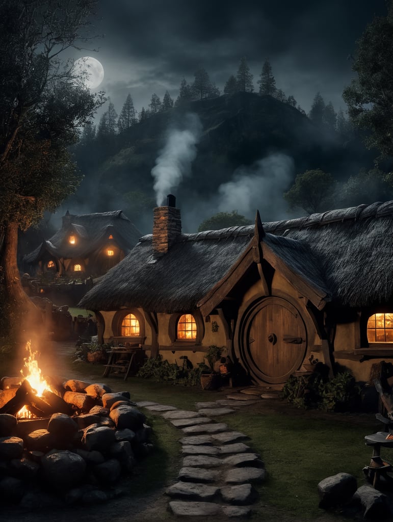 Magic hobbits village at night, bog moon, camp fire, smoke