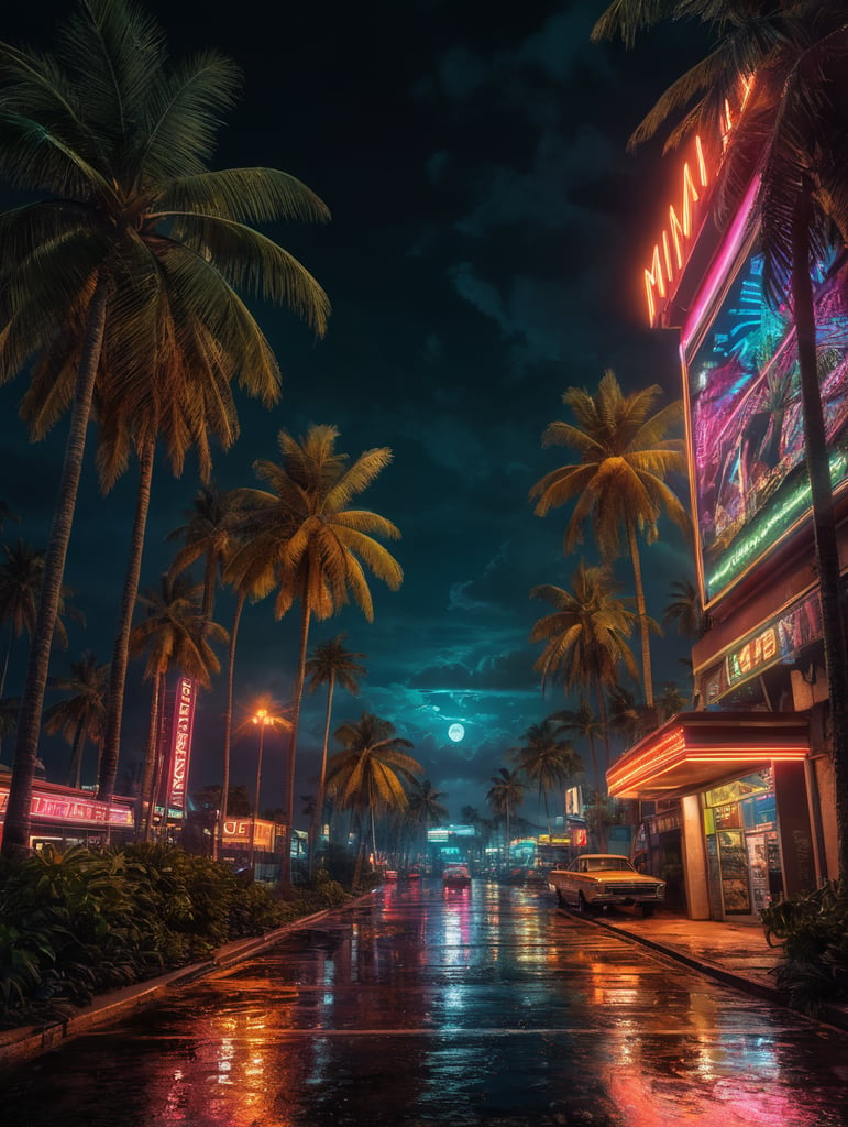 1980's, Miami, neon lights, nighttime, palm trees