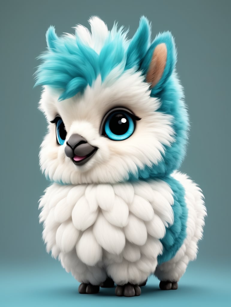 cute, fluffy, hybrid alpaca and kingfisher, beak, full view, chibi style, disney style, cartoon style, pixar style, with background