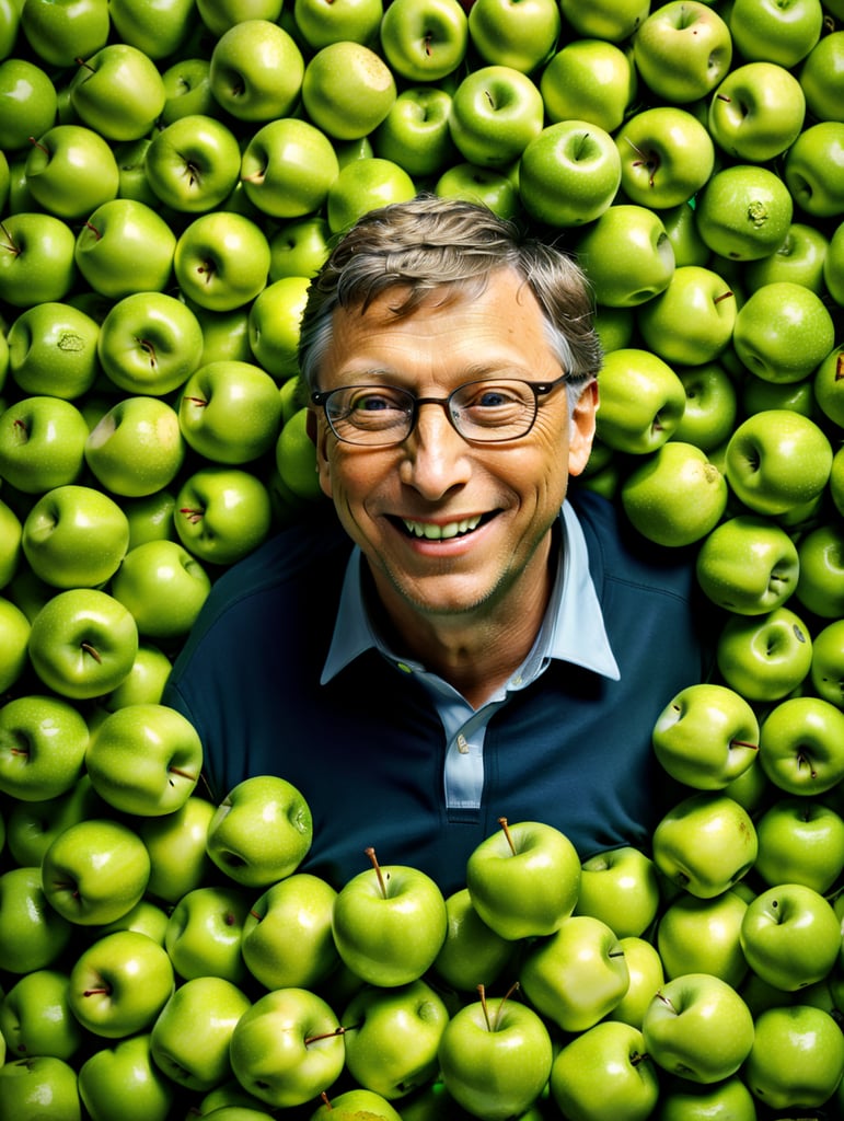 Bill Gates in the pile of green apples, happy face, vivid saturated colors