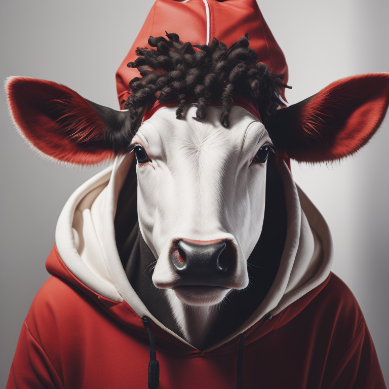 Hip Hop white cow,portrait, in red hoodie,mohawk, vintage style, gentle watercolor style, white isolated background,full face
