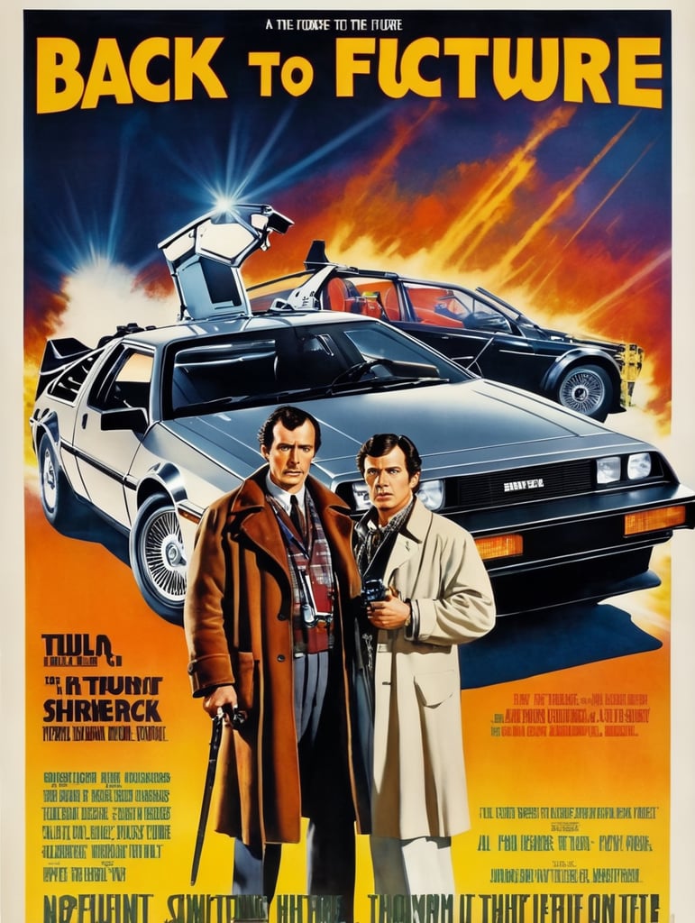 Sherlock Holmes, "back to the future" text on poster