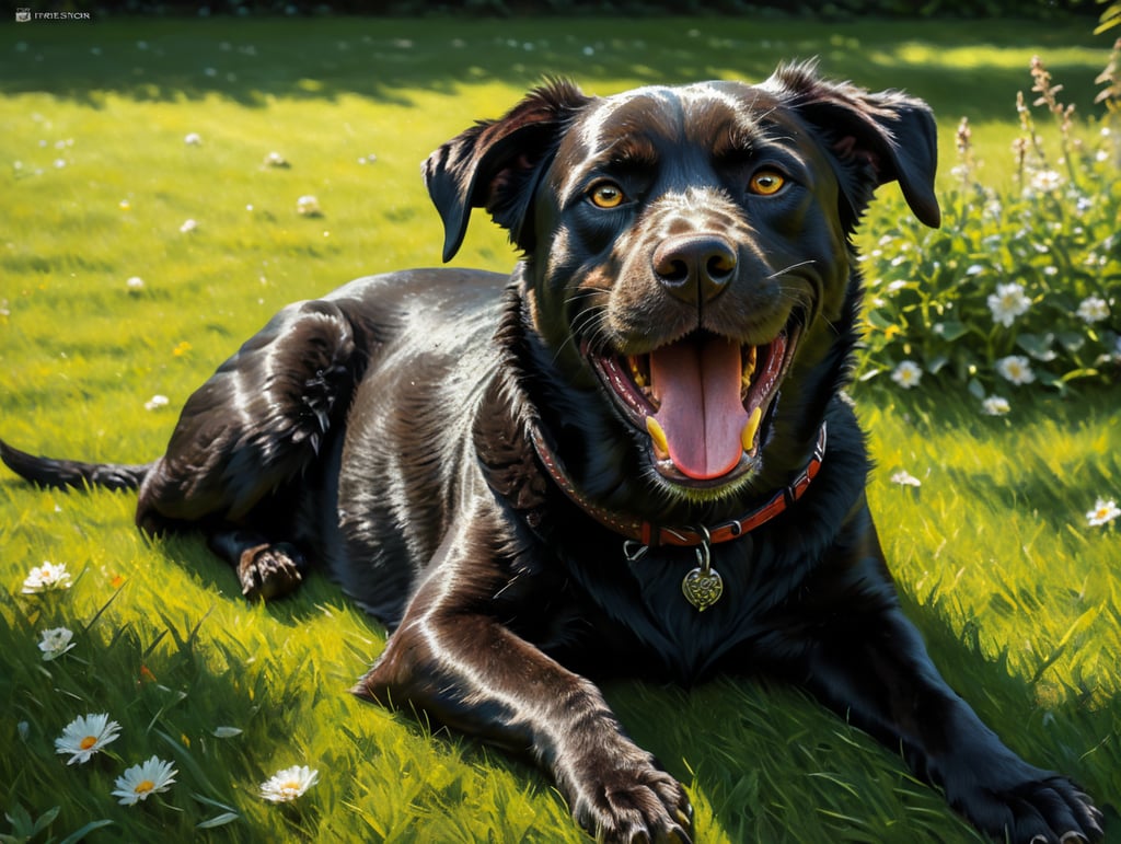 Black dog lying on it’s back on grass, happy, tongue out, Sunny day