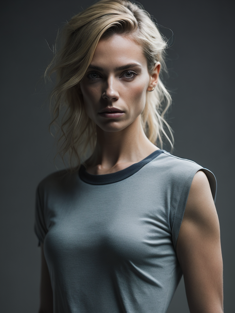 a torso of a women wearing a white t-shirt, grey background