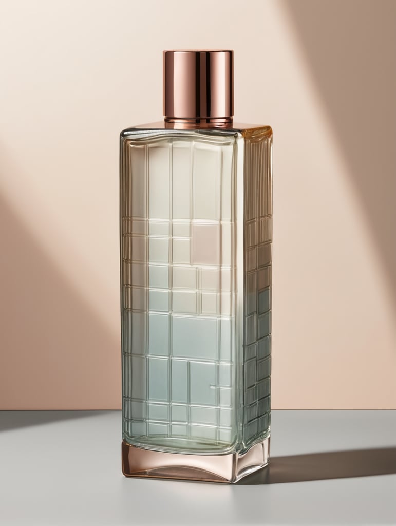 Rectangular skincare bottle with rectangular patterns in glass