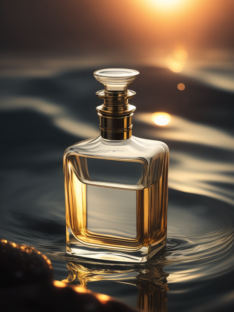 A delicate and noble glass perfume bottle was placed in the middle of the water，The sunlight asperses full, on the water flutters falls ，the petalhas ，the dewthe crystal ，clear feelingthe warm color tone,Headshot Center，the composition，Hyper，realistic style，realistic，photography，high detailhigh quality，high resolution，8k