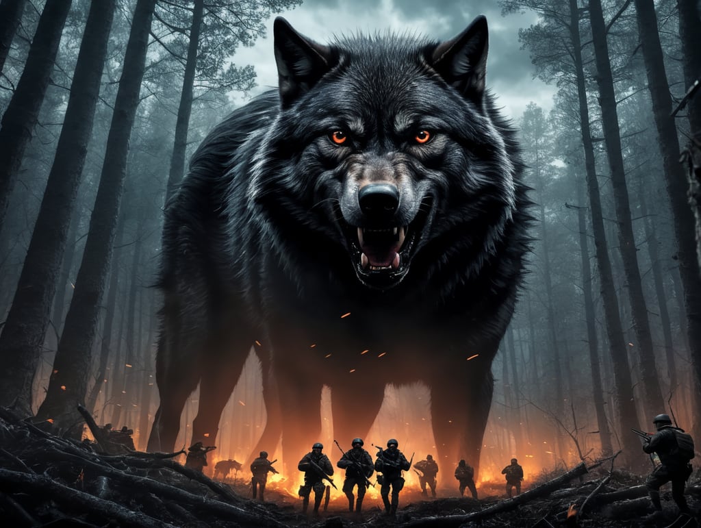 in dark night angry black wolf crowd together with soldiers in woods searching for prey. In background many quadrocopters fly in in sky. Pencil comic, thick black lines, drawing, sharp corner lines