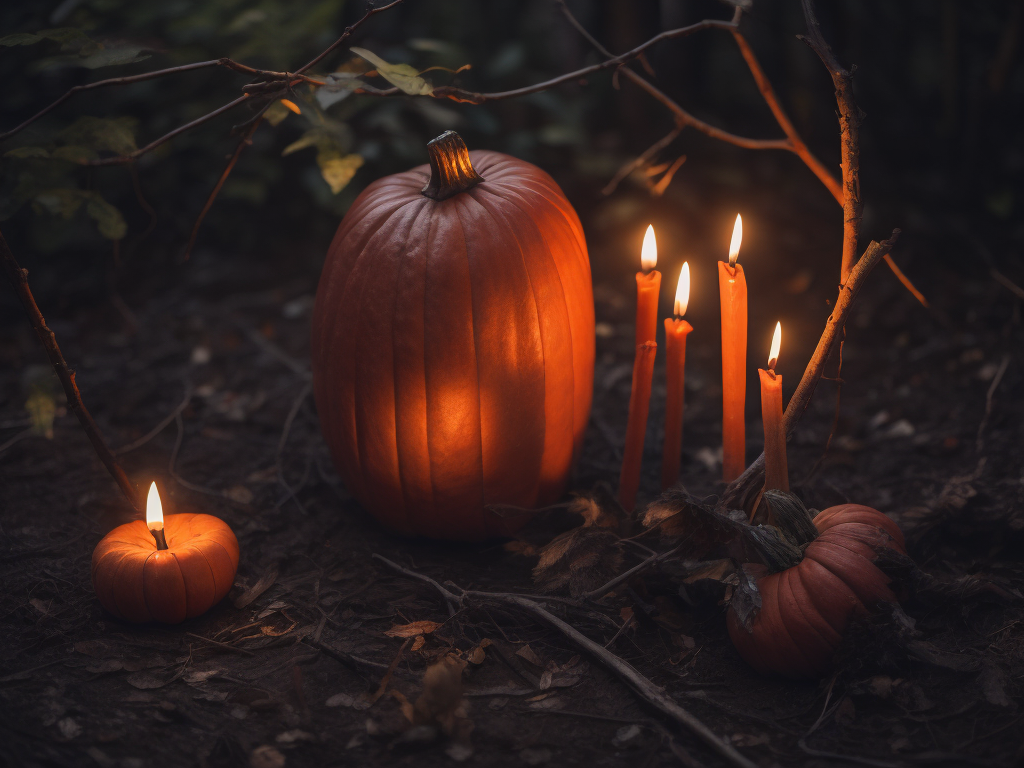 Night. Pumpkin. Dripping thin and long candles on forest ground, twigs. Many Shadows and dim scene. Red undertone.