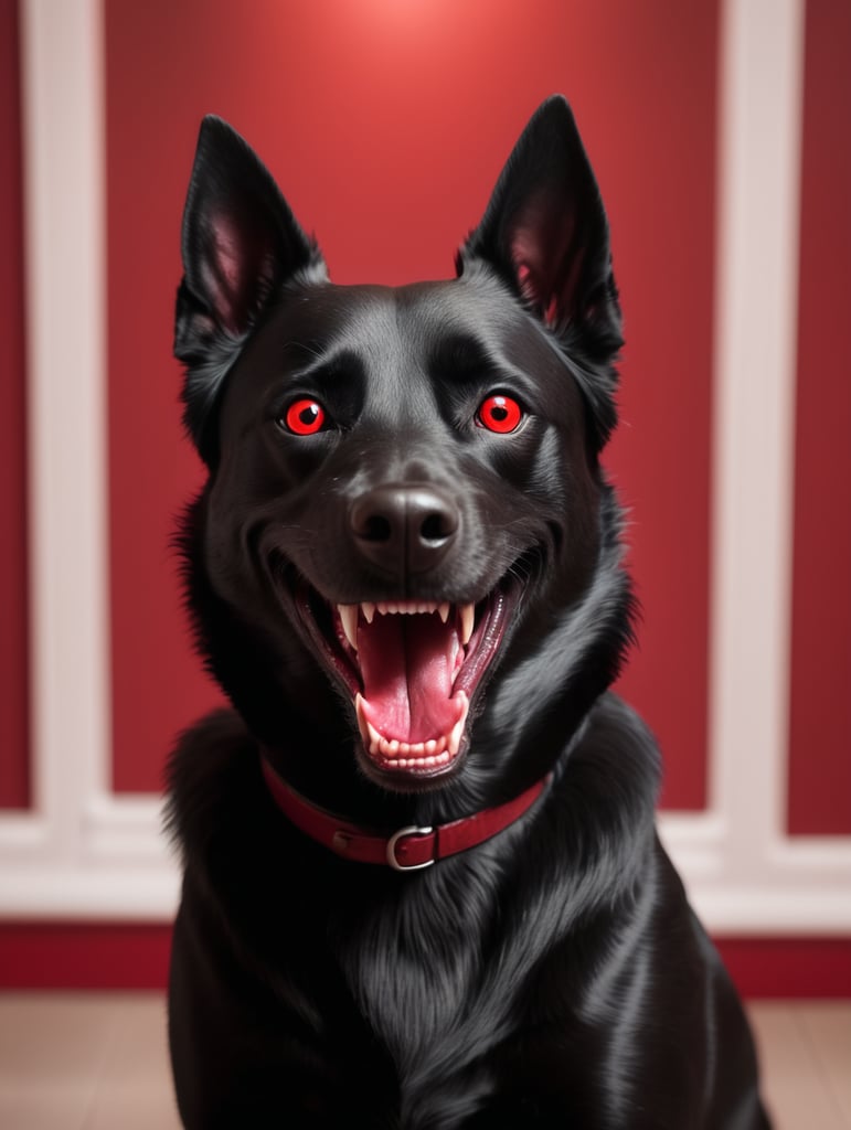 Creepy black dog in a dark and red room,smiling with sharp teeth and full red eyes