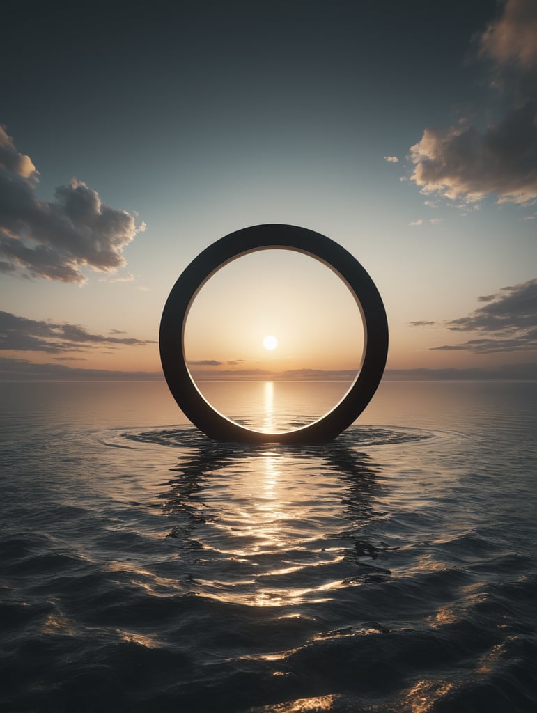 minimal, simple black circle hover above the water, just the horizon on the background