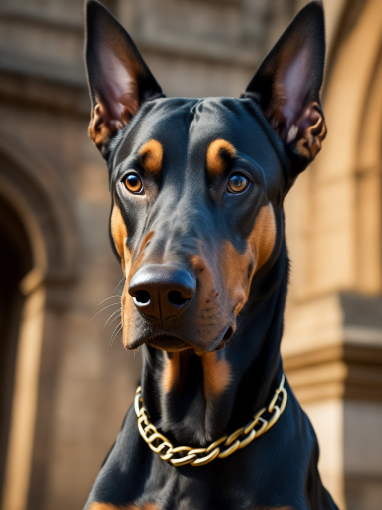 Doberman dog, golden chain, aggresive look, in front of a castle, dramatic Lighting, Depth of field, Incredibly high detailed, deep colors