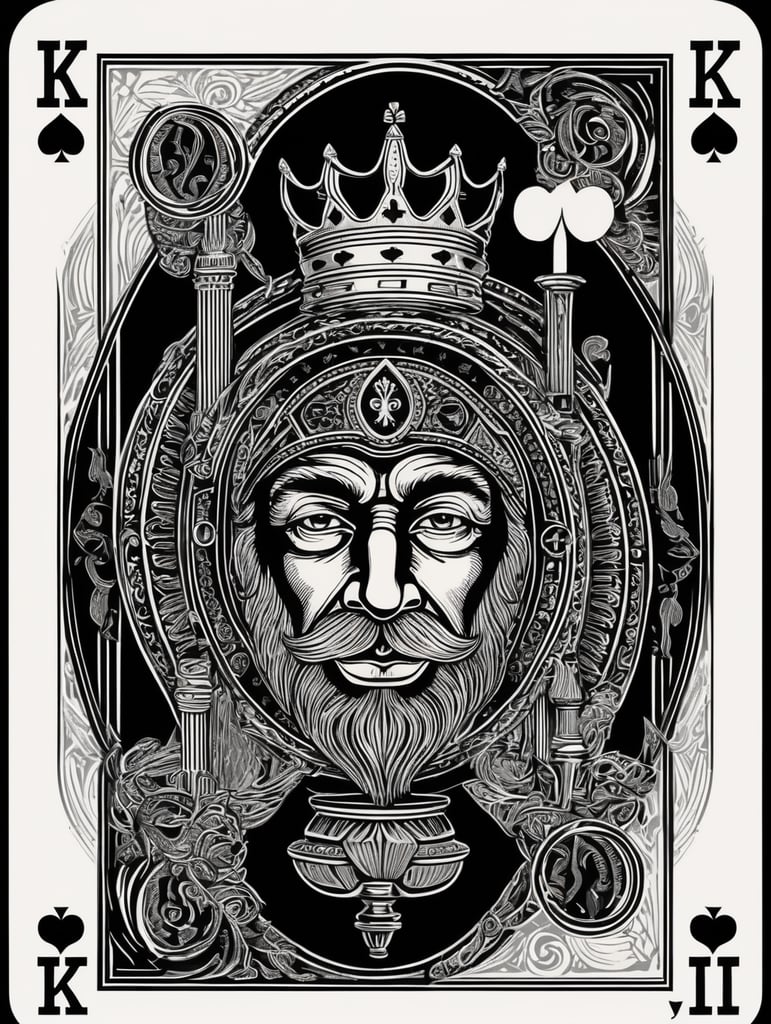 king of clubs playing card, face card, linocut art style, black ink, ultra realism, super detailed, professional shot, bold saturated colors, sharp focus, highly detailed