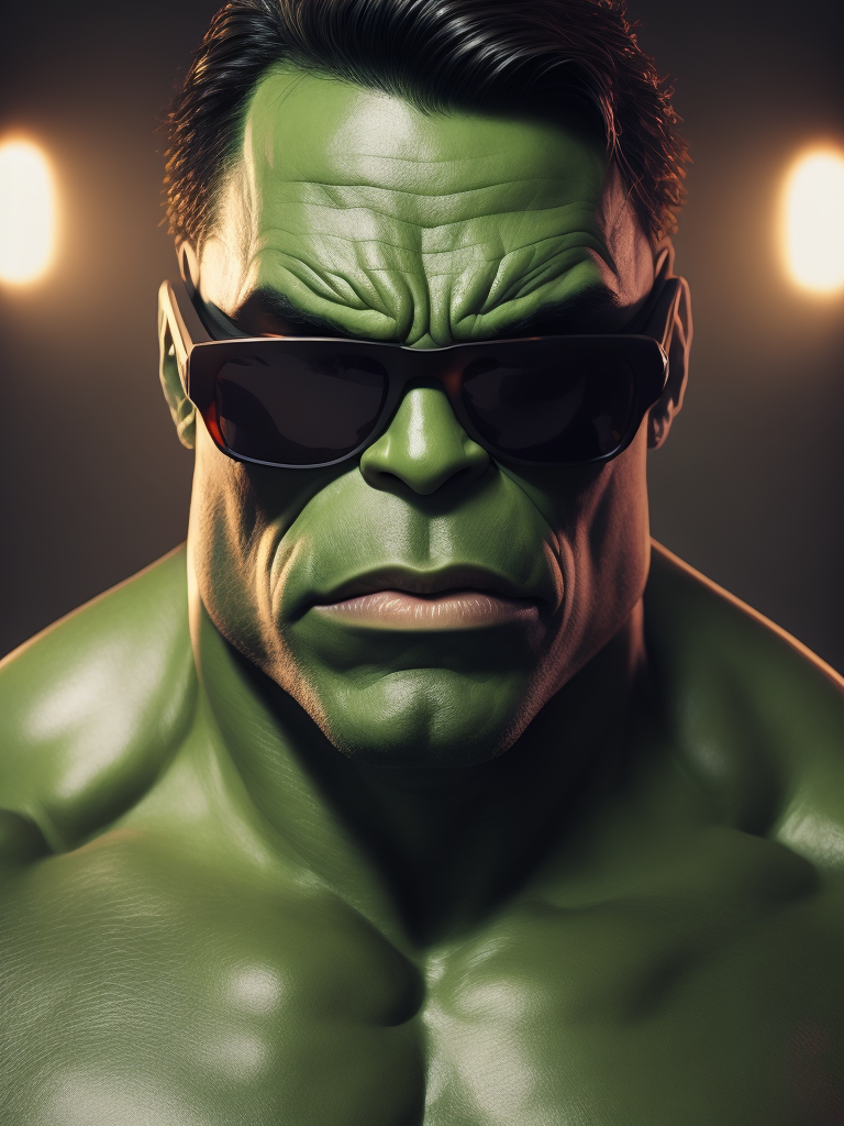 Portrait of a green hulk in ((black thick rimmed sunglasses)), Photography, studio photo, professional photo, Rich colors, Detailed image, detailed face