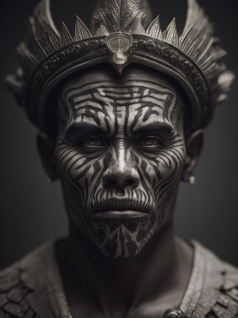 In this powerful and evocative image, mictlantecuhtli, the ancient aztec god of the underworld, emerges in all his ominous glory. rendered predominantly in stark black and white, with subtle gradations of gray, the depiction showcases the deity's menacing presence and serves as a testament to his authority. mictlantecuhtli's face embodies an intense fury, with furrowed brows and eyes ablaze with anger. his facial features are sharp and defined, with deep-set eye sockets that pierce through the darkness. elongated, bony structures form his skeletal visage, accentuating the otherworldly nature of his being. jagged teeth, stained and yellowed, protrude menacingly from his mouth, capturing his ferocity and instilling fear in those who behold him. the environment surrounding mictlantecuhtli reflects the essence of his era, transporting us to the aztec underworld known as mictlan.