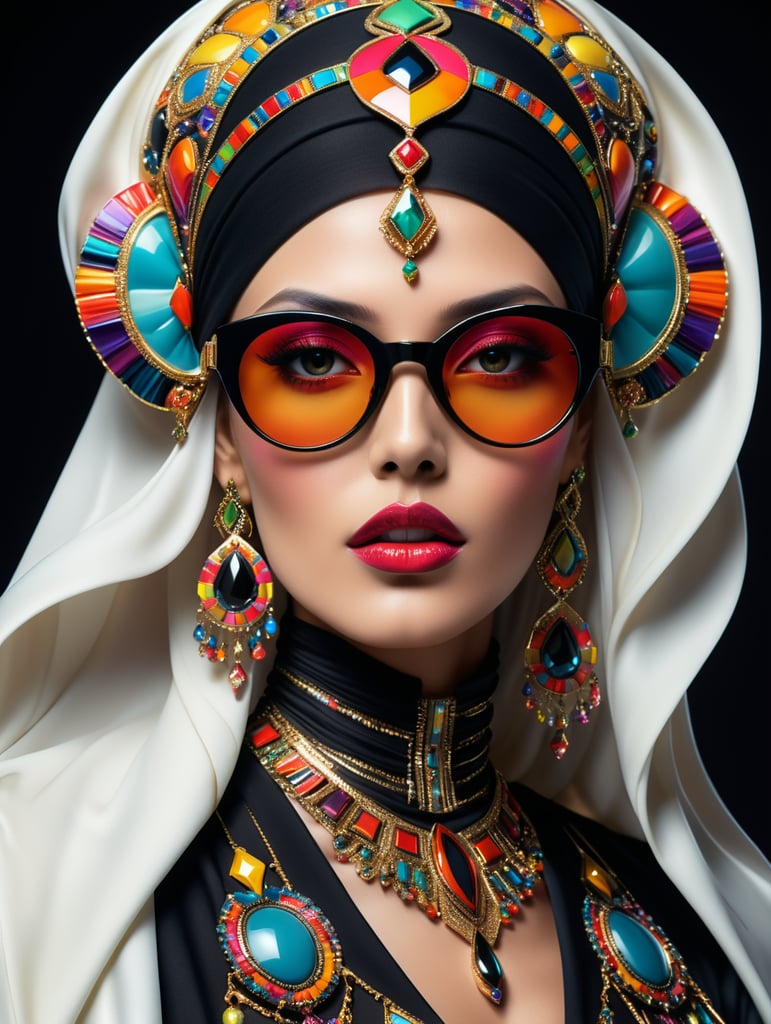 A old culture Egyptian tendency luxury top model dressed with glass and Cotton threads clothes in shape of colorful Waves spectrum. "Smoke black reflecting futuristic sun glasses", dark diamond jewelry, volumetric hijab graved with colorful aztec inspiration in the shape of frilly and mushroomy large waves threads inspired long coat flowing, black clean studio background, hyper detailed, epic Ai Yazawa, maximalist, contrast, Alberto Seveso fashion art style, hyper realistic, studio light, soft light, volumetric lighting, subsurface scattering, 4k, 8k, HD,-- s 1000 --style raw, fashion magazine cover