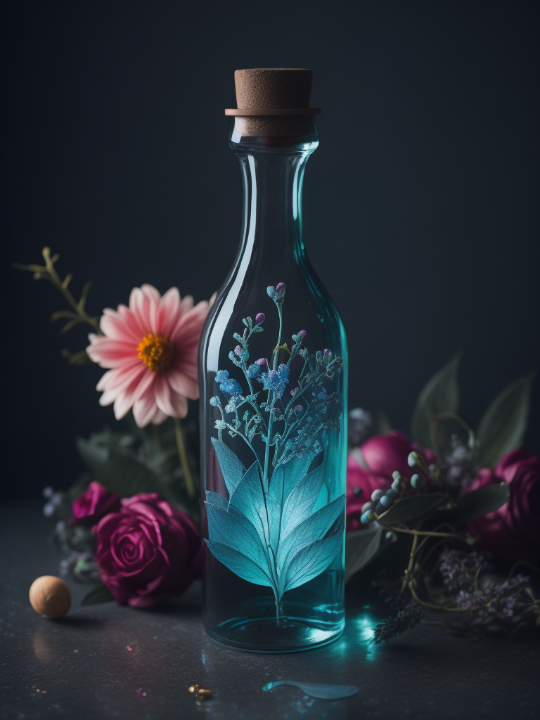 Magic elixir bottle from, carved glass, decorated with flowers and gems, fairy atmosphere, illumination, dark blue color, smoke