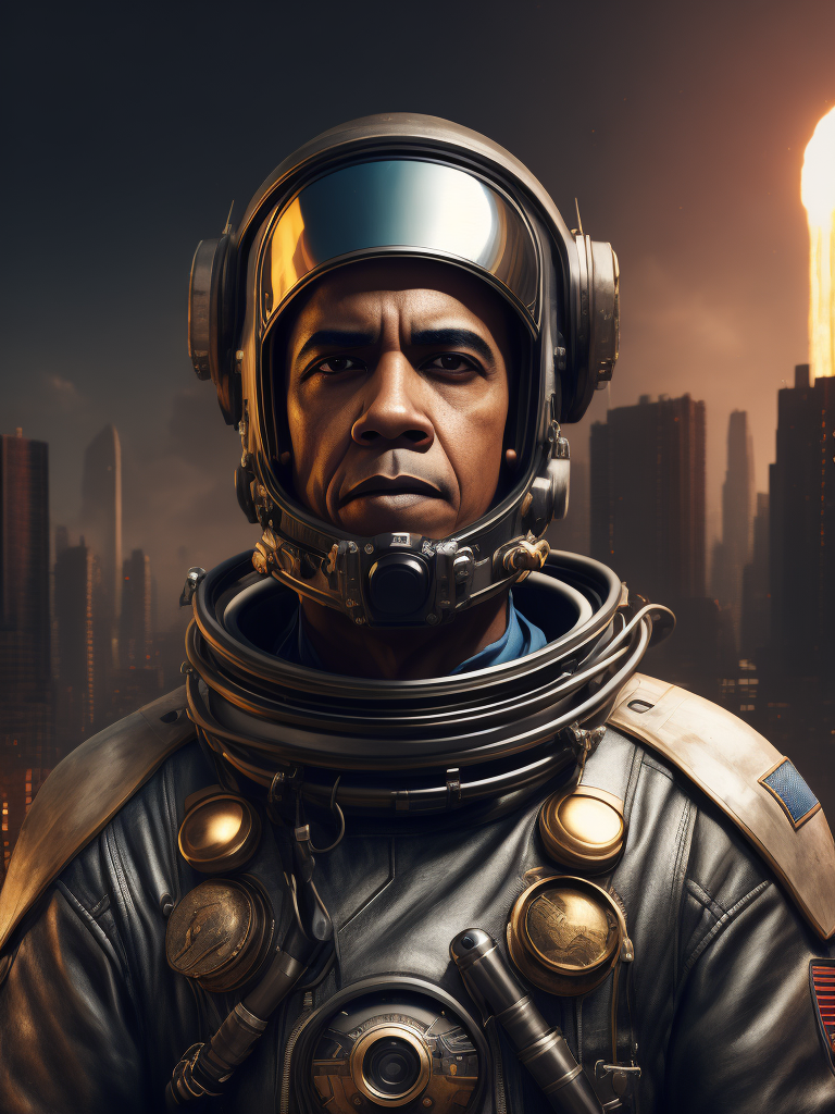 Brack Obama wearing a metallic retro space suit, with a destroyed city background