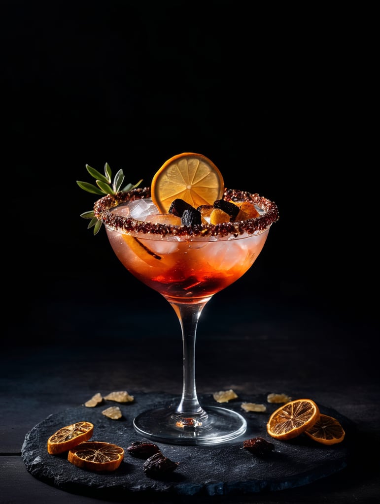 Gin cocktail with dried fruit slices, salted glass rim, mood lighting