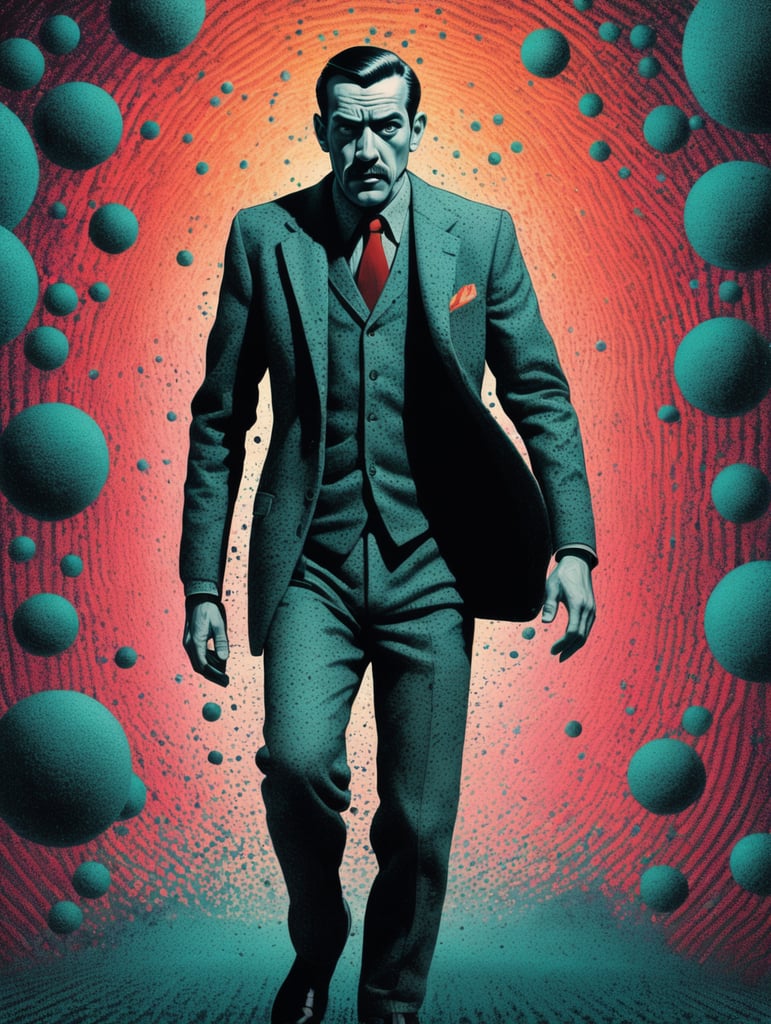 an illustration of a man, animation, halftone print, made of felt, abstract surrealism, surreal, neo-expressionism, hyper-detailed