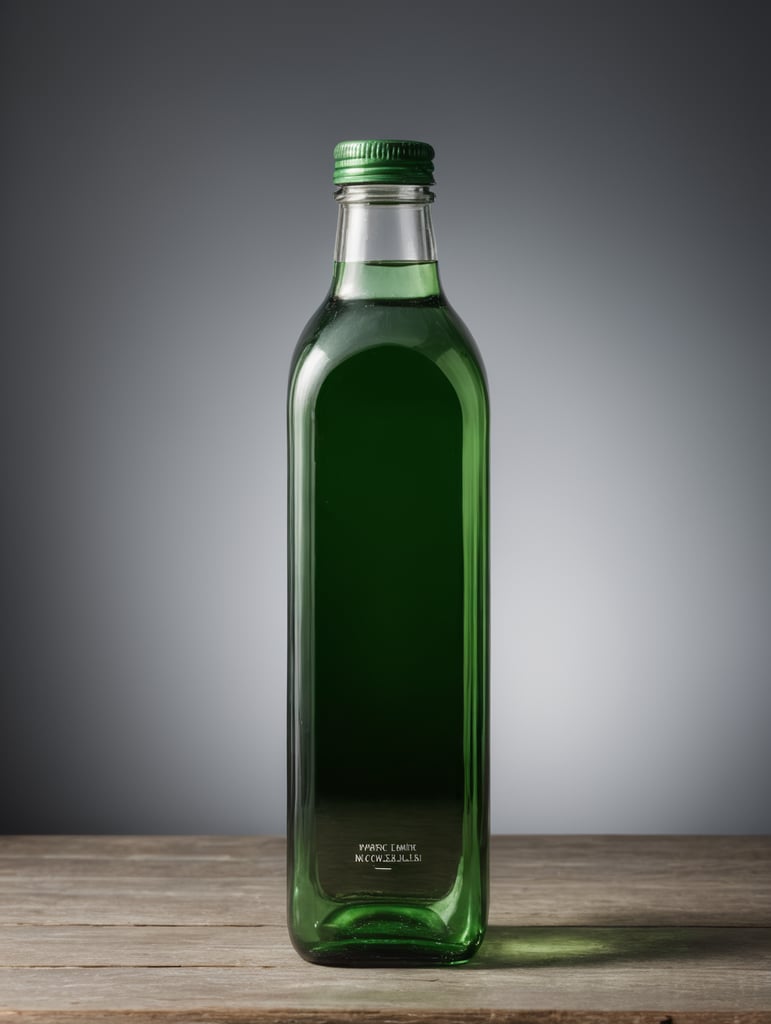 square Green glass bottle with mineral water mockup, no label, isolated, grey background