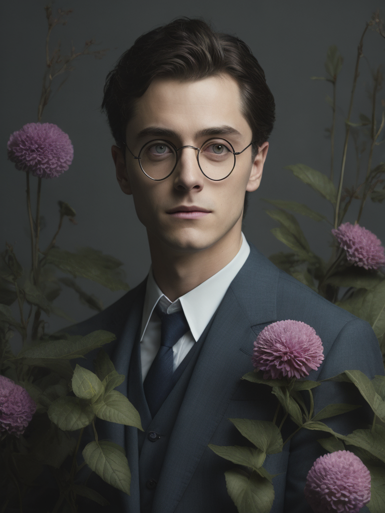 Harry potter with flowers, painted by rené magritte