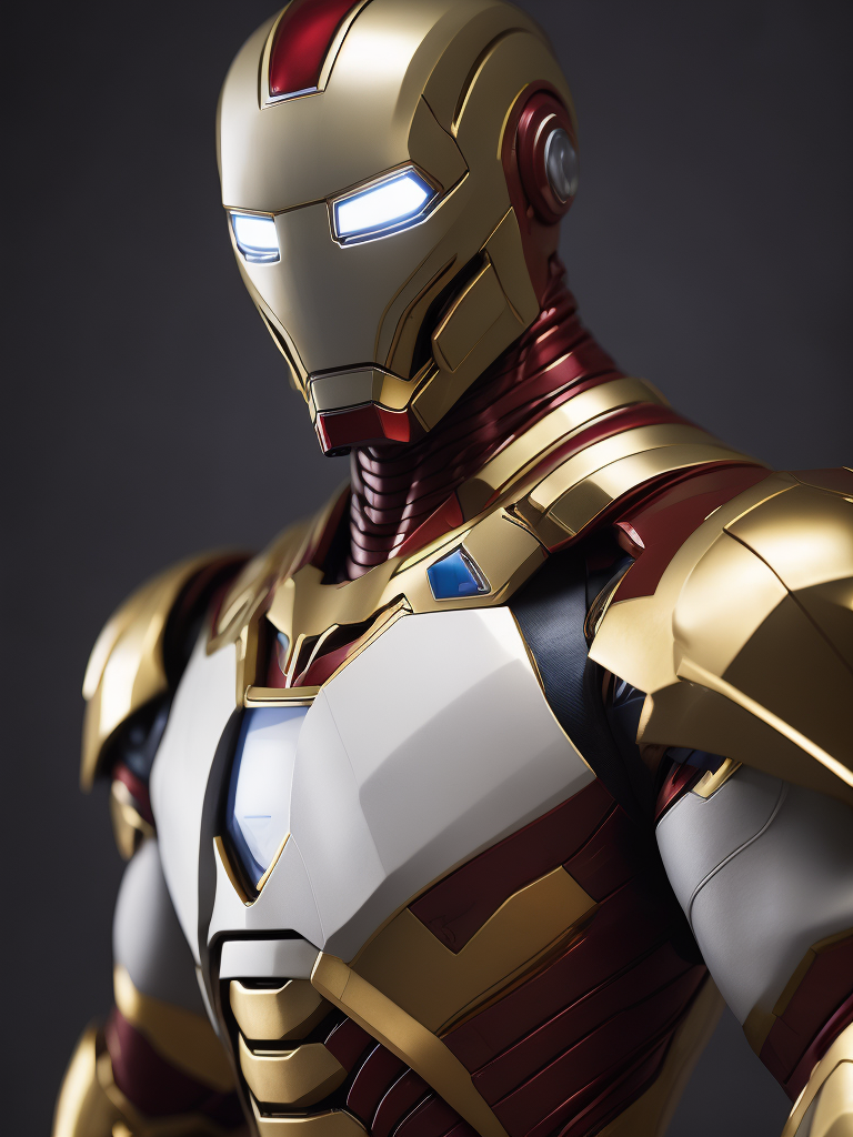 Marvel Ironman made of azulejo's white, red and blue, gold details, rococo style, sculpture statue porcelain white and gold marble, Intricate detail, Middle shot portrait, ultra high details, large eyes, Cinematic lighting, ultra high definition, art station, Smooth, sharp focus, Photorealism, Photography, Realistic Detail, Depth of field, 8k, Full HD, 3d, Super resolution, octane render, Long exposure, unreal engine.