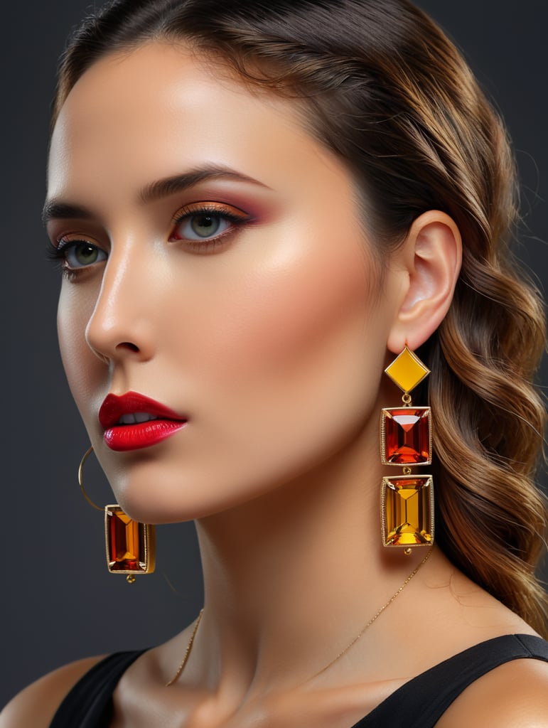 Minimalist earrings of vibrant colors with ACRYLIC and gold materials inspired by the architecture of Luis Barragán placed on a woman with a beautiful face and a dark gray background.